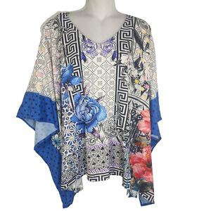 Tolani Collection Womens Printed Woven Kaftan Blouse Size Medium Blue Geometric